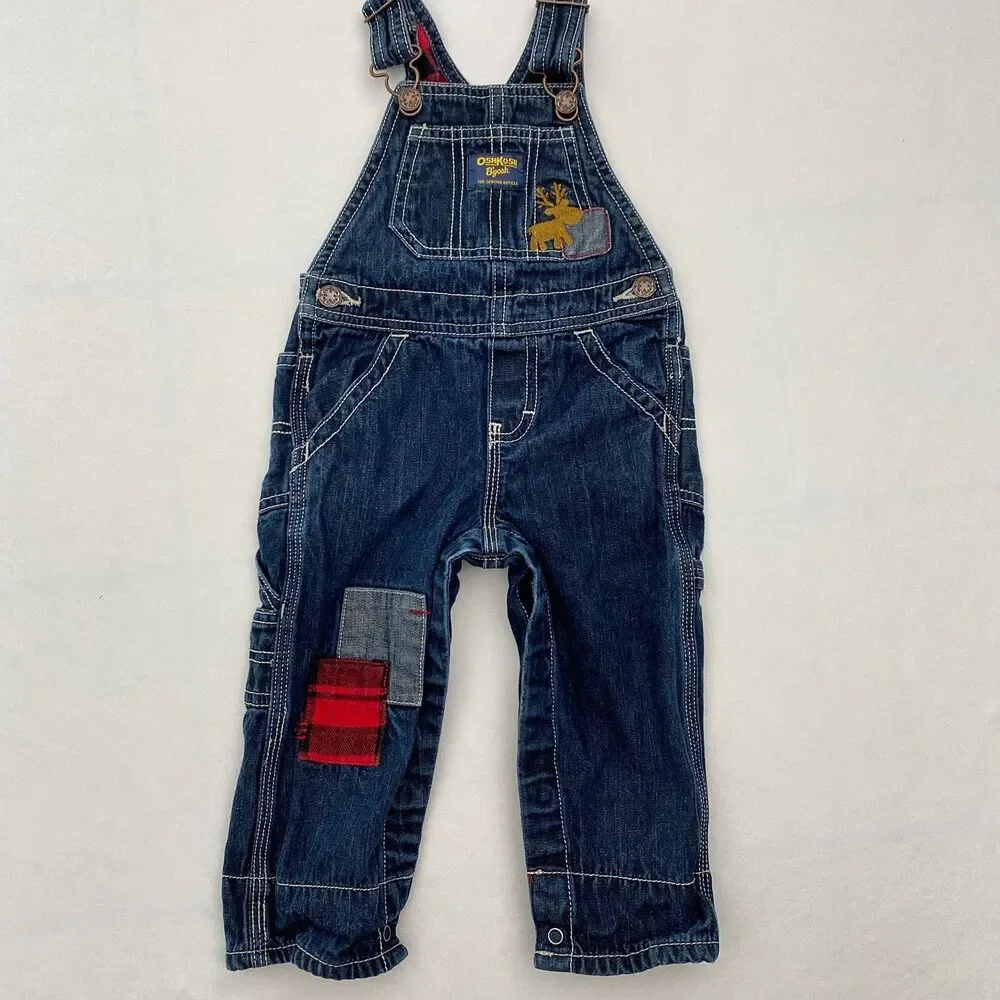 OshKosh B'Gosh Bib Overalls Baby 12 Months Patchwork Denim Moose Flannel